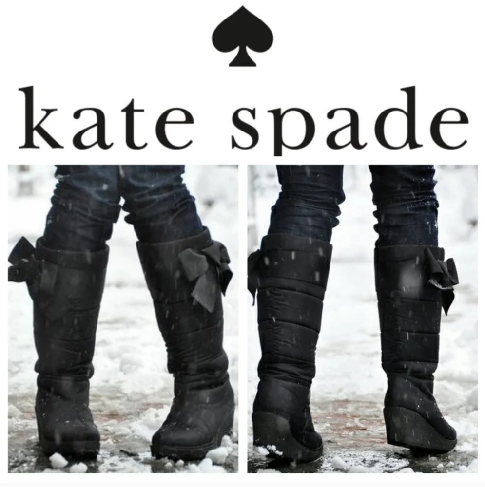 Kate Spade New York Cagney Quilted Bow Wedge Boot Black Satin Women's Size 6 M